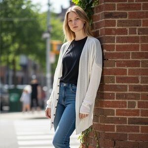 SHEIN White w/ Buttons Sheer Oversized Cardigan Sweater